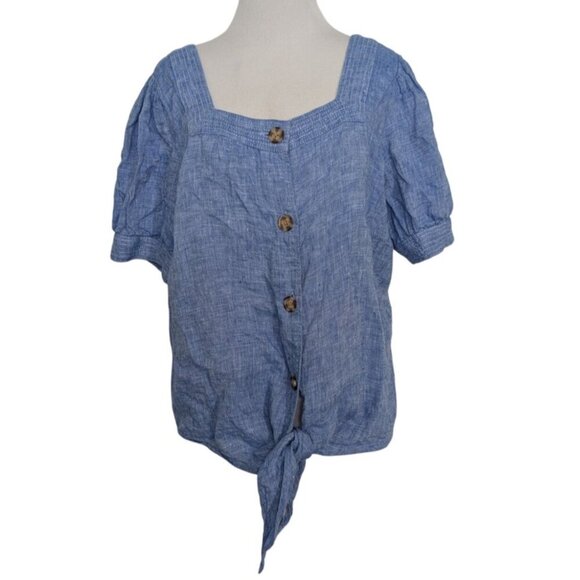 Talbots 100% Linen Shirt Womens Size Large Blue Tie Front Square Neck Coastal - Picture 1 of 11